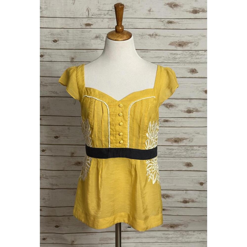 Anthropologie Yellow Embroidered Short-Sleeve Peplum Top